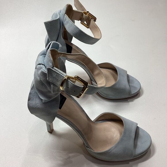 ISLO Isabella Lorusso Back Bow Open Toe Light Blue Suede Heels Size EU 37 - Picture 5 of 16